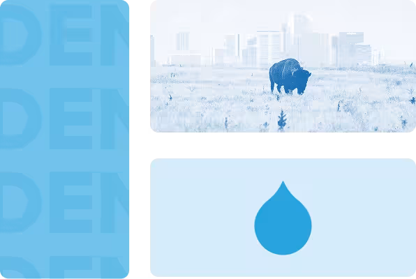 Blue stylized images of acquia drop and denver skyline